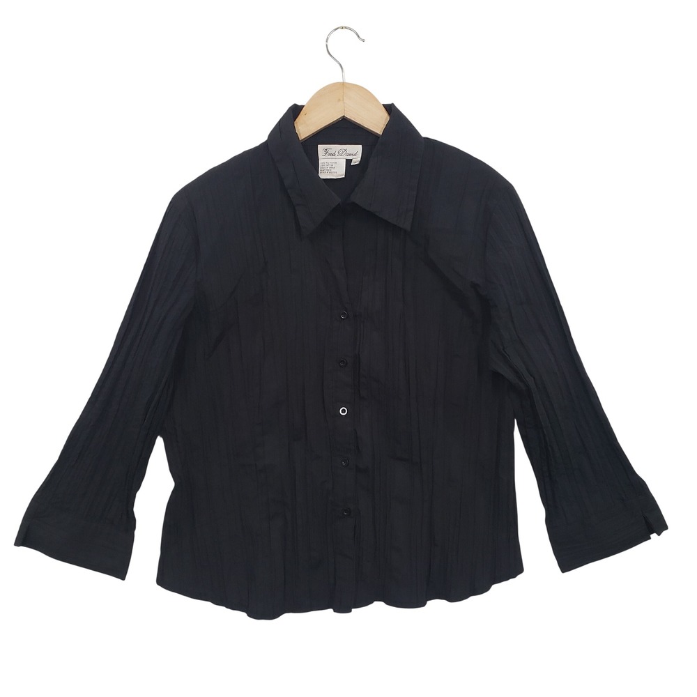 Vintage Y2K Fred David Womens Black Crinkle Button Down Shirt 3/4 Sleeve Size L